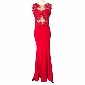 AKIRA Red Embellishment Floral Lace Event Dress